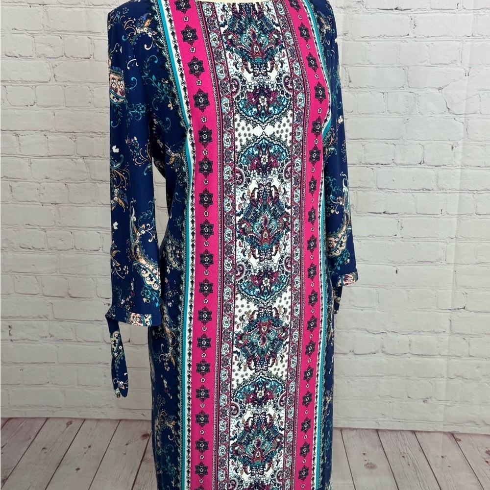 Chico's Vibrant Blue and Pink 3/4 Tie Sleeve Lined Dress Size 12 (Chico’s 2)